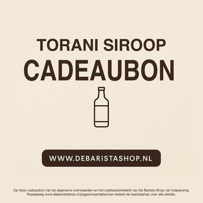 Digitale cadeaubon voor koffiesiroop van De Barista Shop met minimalistisch flesicoon, perfect cadeau voor koffieliefhebbers – de online giftcard is inwisselbaar voor smaken als salted caramel, vanille en hazelnoot. Direct online te bestellen en te verzenden via debarista.com.
