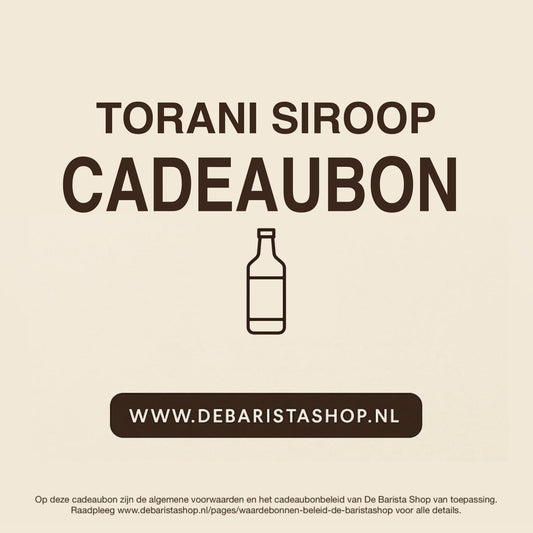 Digitale cadeaubon voor koffiesiroop van De Barista Shop met minimalistisch flesicoon, perfect cadeau voor koffieliefhebbers – de online giftcard is inwisselbaar voor smaken als salted caramel, vanille en hazelnoot. Direct online te bestellen en te verzenden via debarista.com.