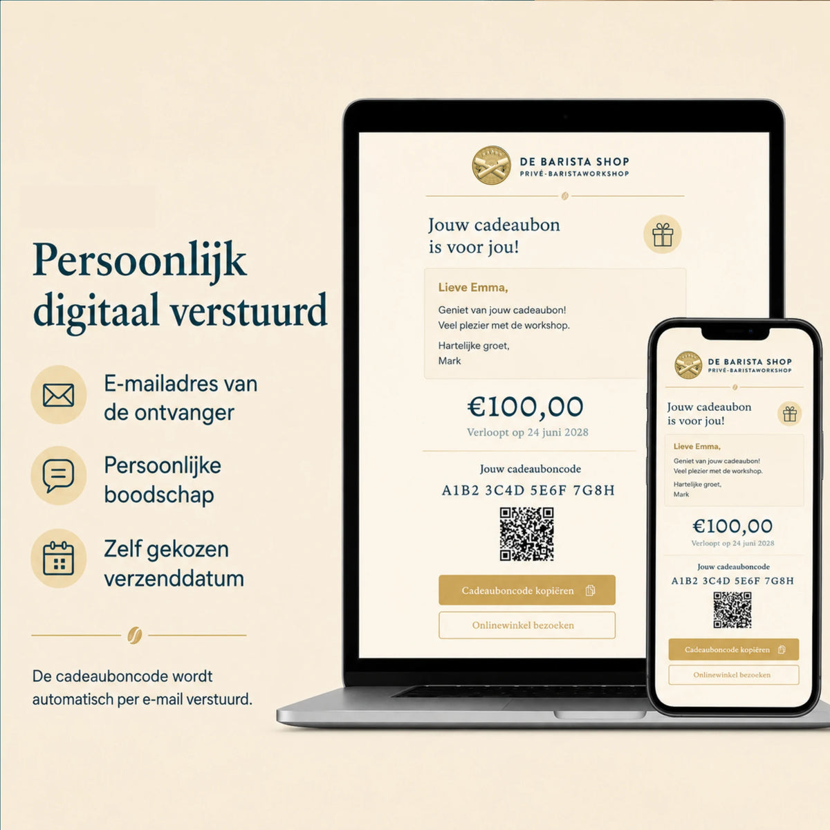 Digitale cadeaubon voor een privé barista workshop aan huis, persoonlijk per e-mail verstuurd met boodschap en gekozen verzenddatum