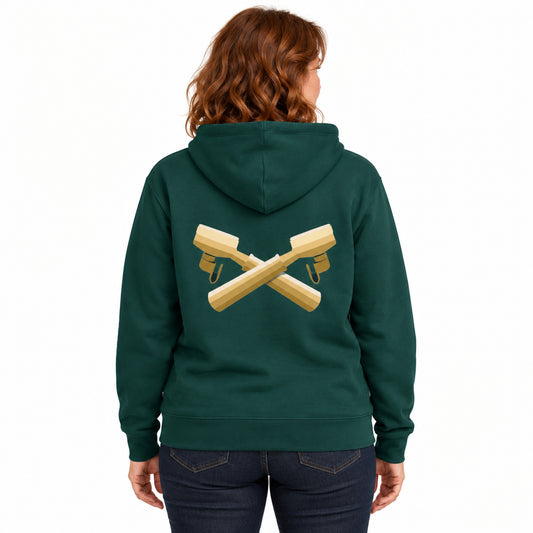 Biologische Hoodie met Espresso Design – gedragen rugaanzicht met originele print, Cruiser 2.0 Glazed Green, witte studioachtergrond.