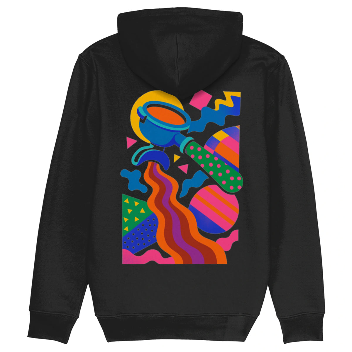 Zwarte hoodie met kleurrijke espresso portafilter print in Memphis stijl – duurzame barista streetwear