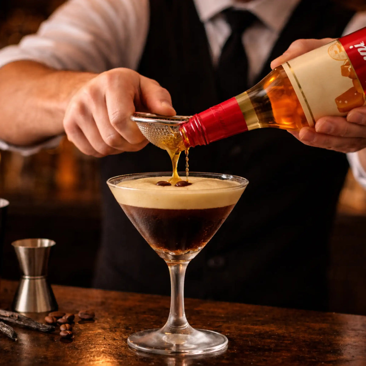Bartender die Torani Caramel siroop toevoegt aan een Espresso Martini, waarbij de karamelsiroop in het schuim vloeit in een sfeervolle baromgeving.