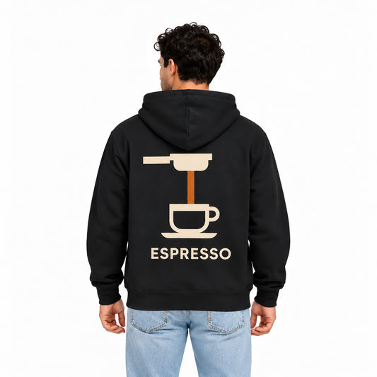 Espresso Minimal zwarte Cruiser 2.0 hoodie met minimalistische rugprint, gedragen op witte achtergrond.