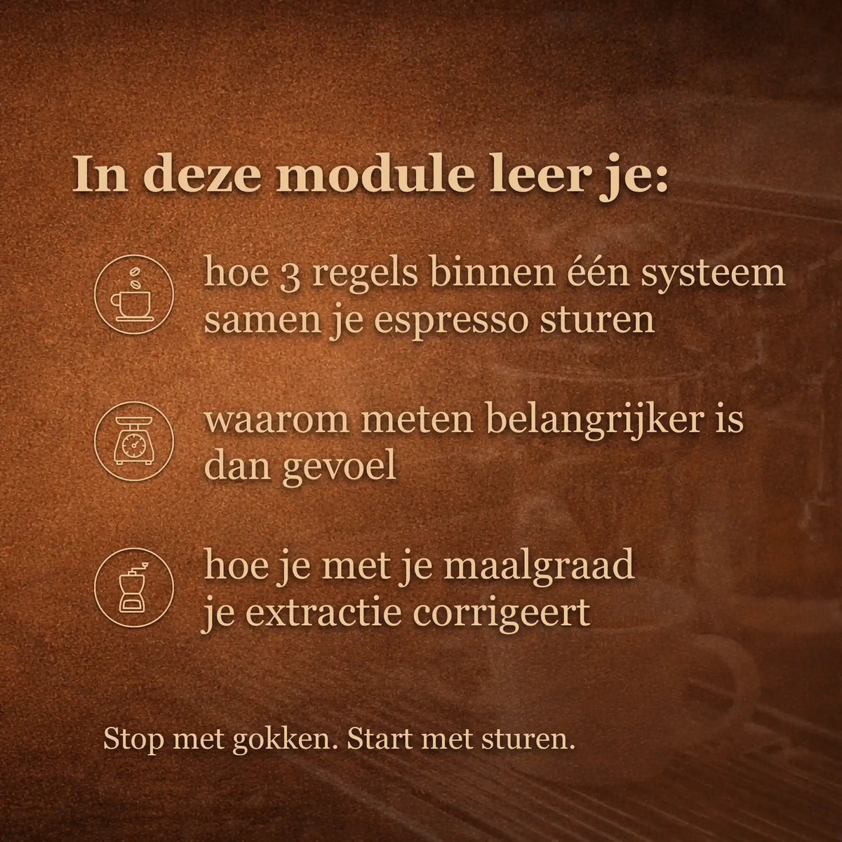 Overzicht van wat je leert over input output en tijd en hoe deze samen de espresso extractie sturen