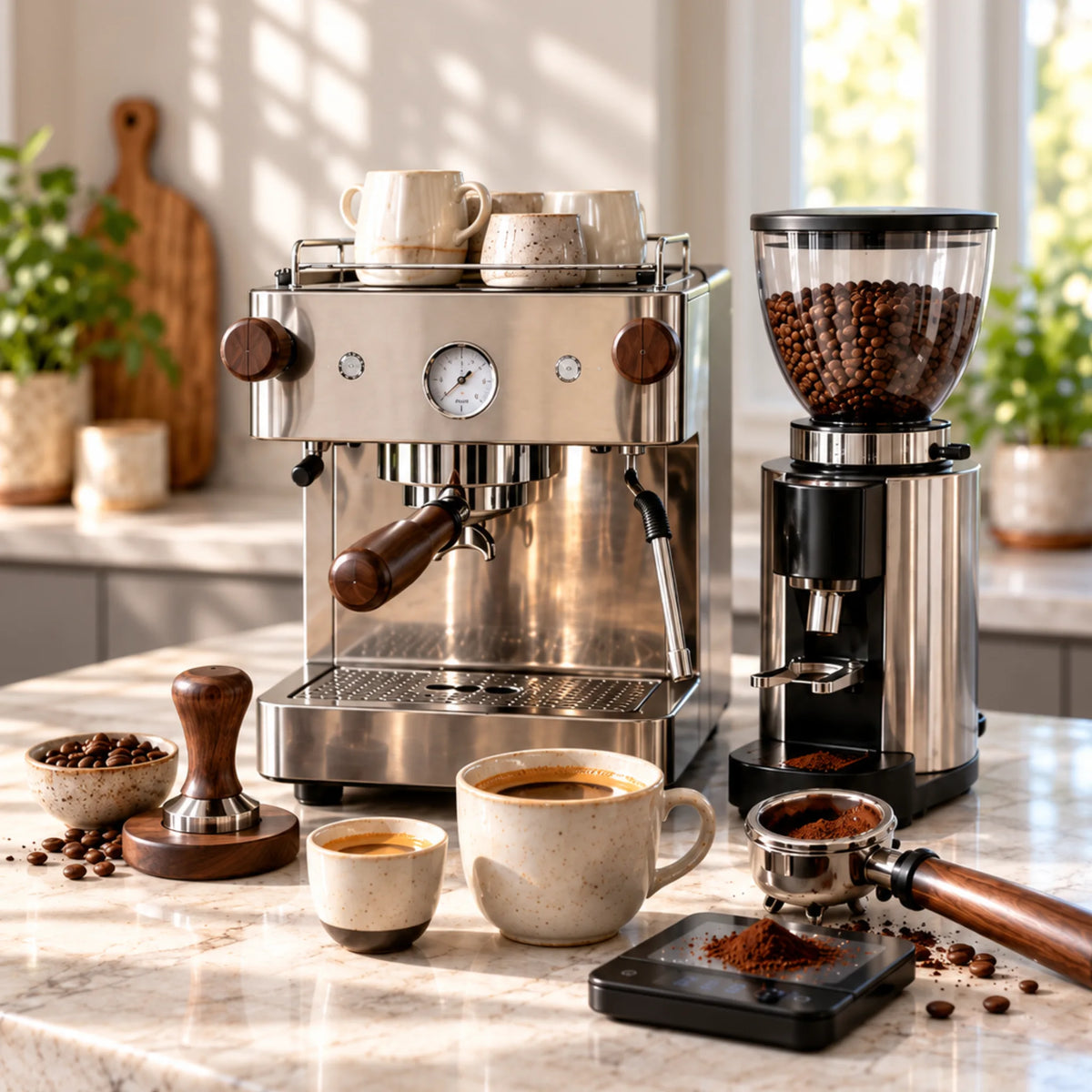 Espresso en lungo naast een halfautomatische espressomachine en koffiemolen