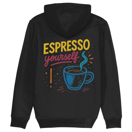 Zwarte hoodie met kleurrijk graffiti-design en espresso kopje – Espresso Yourself streetwear voor barista’s en koffieliefhebbers, perfect als cadeau.
