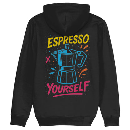 Zwarte hoodie met kleurrijk graffiti-design en blauwe mokkapot – Espresso Yourself barista hoodie van biologisch katoen, ideaal als koffiecadeau.