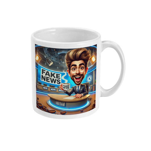 Linkerkant van koffiemok met tekst Fake News en  presentator in nieuwsstudio op ceramische witte mok