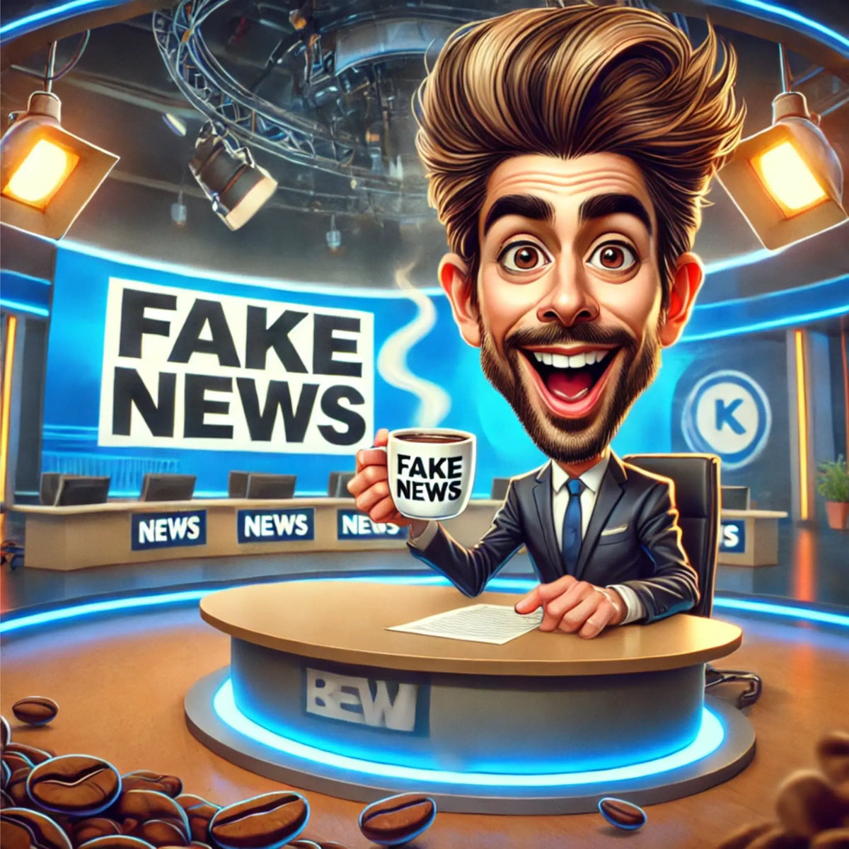 Sublimatie afbeelding van tekst Fake News en  presentator in nieuwsstudio op ceramische witte mok