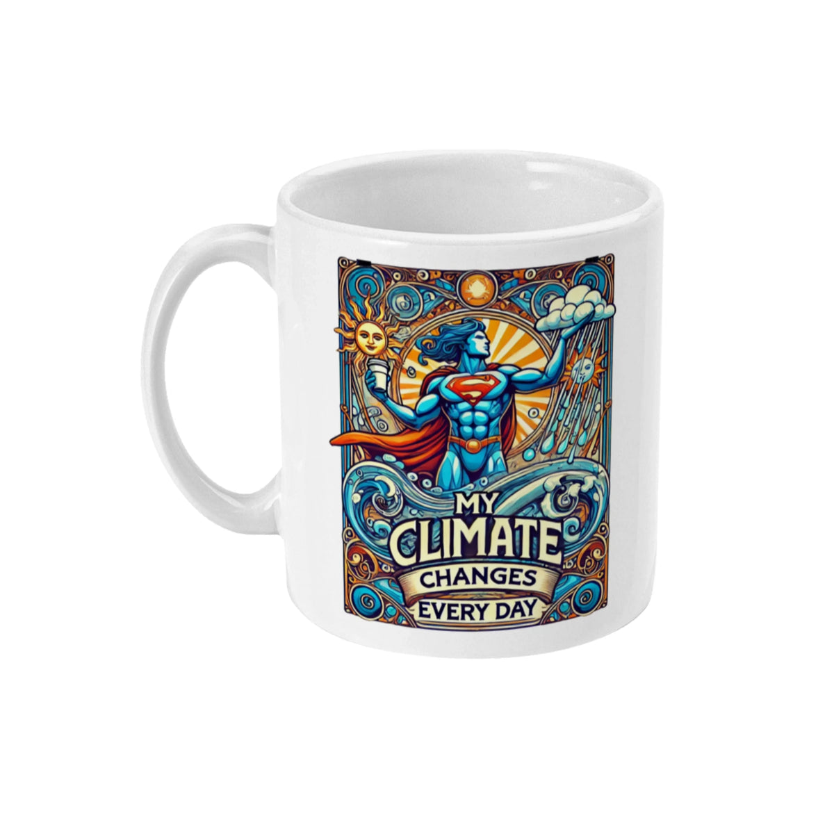 Grappige koffiemok met de tekst ‘My Climate Changes Every Day’ in Art Nouveau stijl.