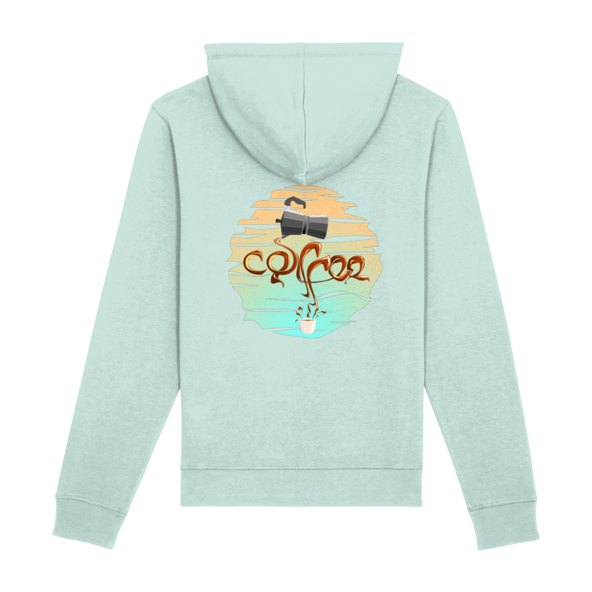 Achterkant van mintgroene Drummer 2.0 hoodie met kleurrijke koffie-art print – perfecte hoodie voor barista’s en koffieliefhebbers.