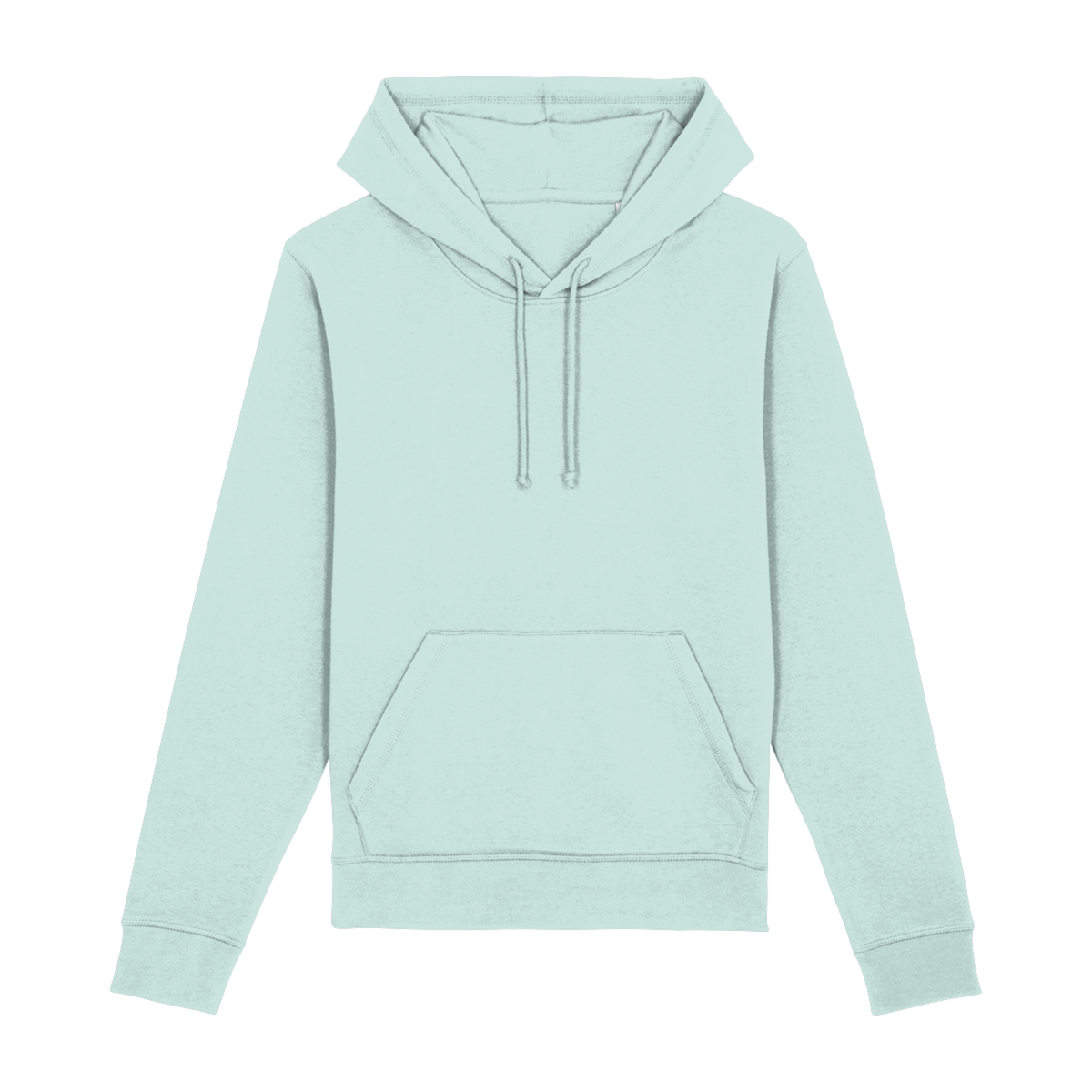 Voorkant van duurzame mintgroene hoodie met capuchon en kangoeroezak – ideaal voor koffieprofessionals en thuisbarista’s.