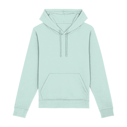 Voorkant van duurzame mintgroene hoodie met capuchon en kangoeroezak – ideaal voor koffieprofessionals en thuisbarista’s.