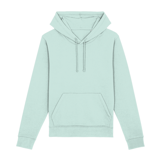 Voorkant van duurzame mintgroene hoodie met capuchon en kangoeroezak – ideaal voor koffieprofessionals en thuisbarista’s.