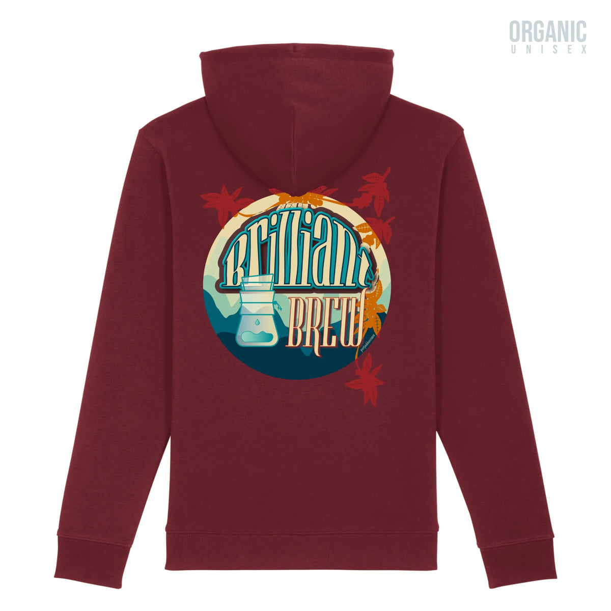 Hoodie biologisch organic burgundy rood met koffie thema Chemex afbeelding en Brilliant Brew tekst op achterkant van deBaristashop en Geertjandebaristaman. Productafbeelding achterkant.