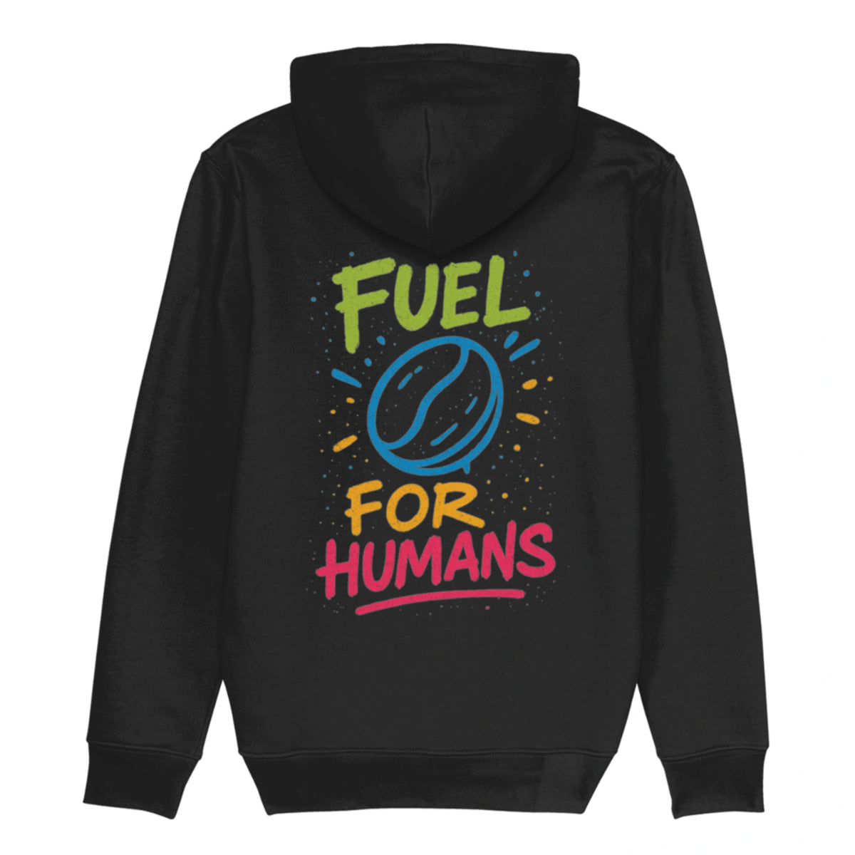 Zwarte hoodie met kleurrijke koffieboon en tekst ‘Fuel For Humans’ – perfect koffiecadeau voor barista’s en koffieliefhebbers.