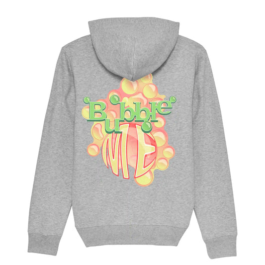 Hoodie organic grijs met koffie afbeelding Bubble Me quote op rug. Productafbeelding achterkant.