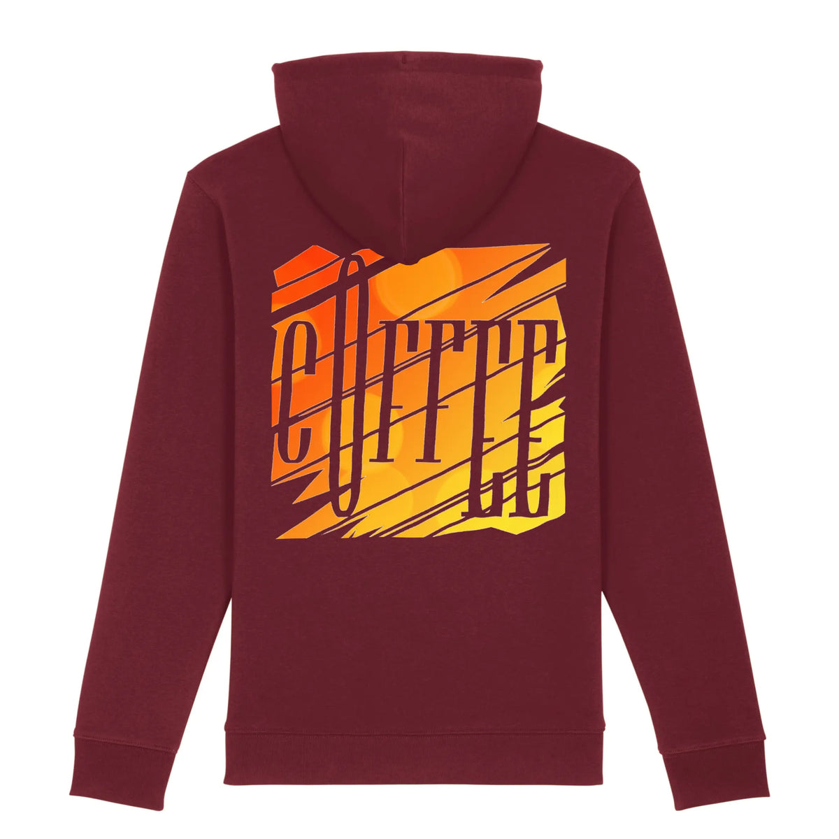 Hoodie organic rood met unieke koffie print op rug. Productafbeelding achterkant.