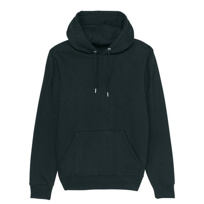 Detail van capuchon en koord van premium zwarte hoodie – uniseks fit voor koffiefans en specialty coffee personeel.