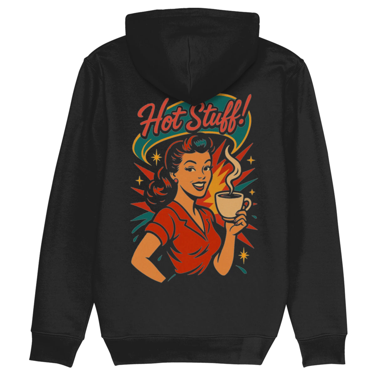 Zwarte hoodie van biologisch katoen met retro pin-up illustratie en de tekst ‘Hot Stuff!’ – fifties diner stijl met koffieprint voor barista’s en koffiefans.