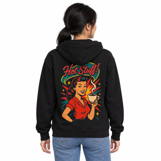 Hot Stuff zwarte Cruiser 2.0 hoodie met pin-up rugprint, gedragen op witte achtergrond.