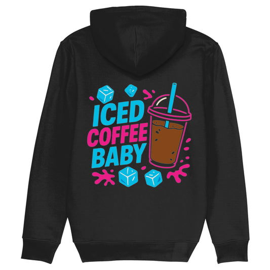 Zwarte hoodie met felgekleurde Pop Art print van iced coffee en de tekst ‘ICED COFFEE BABY’ – perfect voor barista’s en iced coffee lovers.