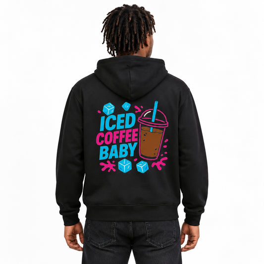Iced Coffee Baby Hoodie | Pop Art — zwarte Cruiser 2.0 met rugprint, gedragen op witte achtergrond.