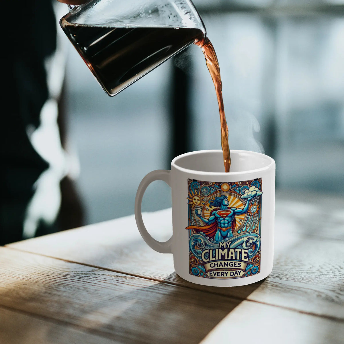 Originele koffiemok met klimaat thema, ideaal voor koffiedrinkers met een statement.