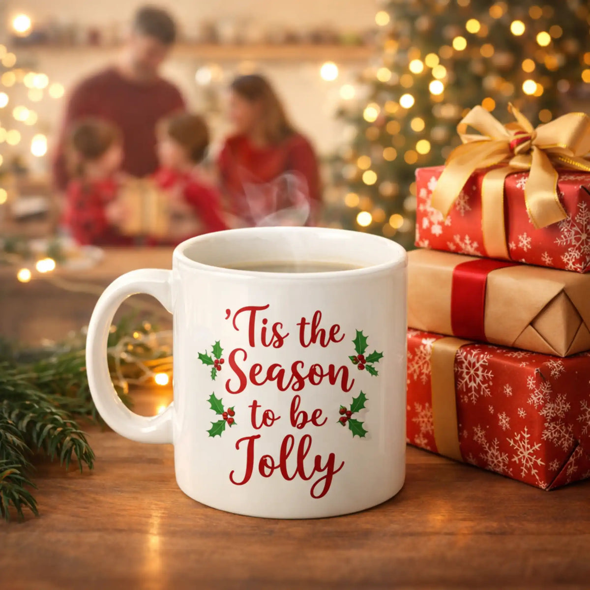 Kerstmok met quote “’Tis the Season to be Jolly”, gepersonaliseerd kerstcadeau voor familie of vrienden, ideaal voor koffie of chocolademelk.