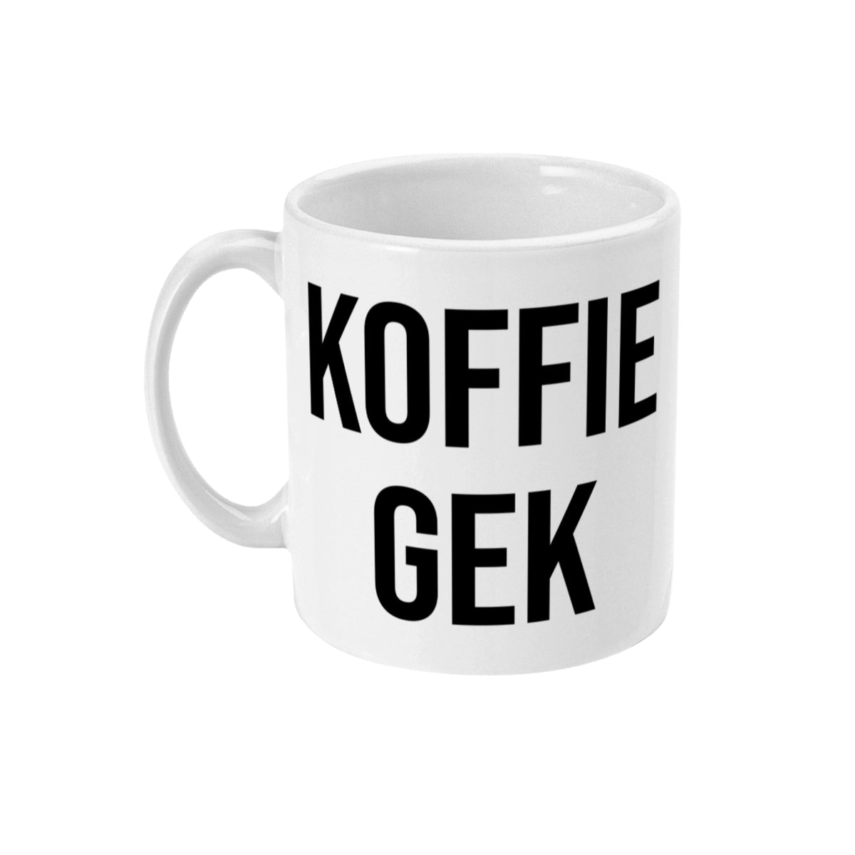 Koffiemok met grappige tekst 'Koffie Gek' – perfect voor koffieliefhebbers.