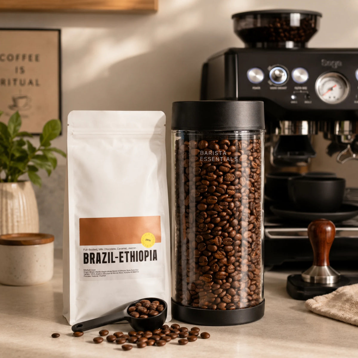 Thuisbarista bewaart verse koffiebonen naast een espressomachine in een vacuüm voorraadpot voor betere espresso thuis.