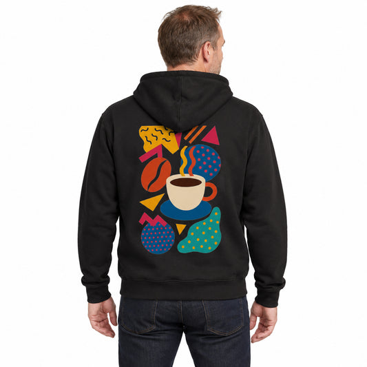 Koffiekop | Post-Moderne Style – gedragen rugaanzicht met originele print, Cruiser 2.0 Black, witte studioachtergrond.