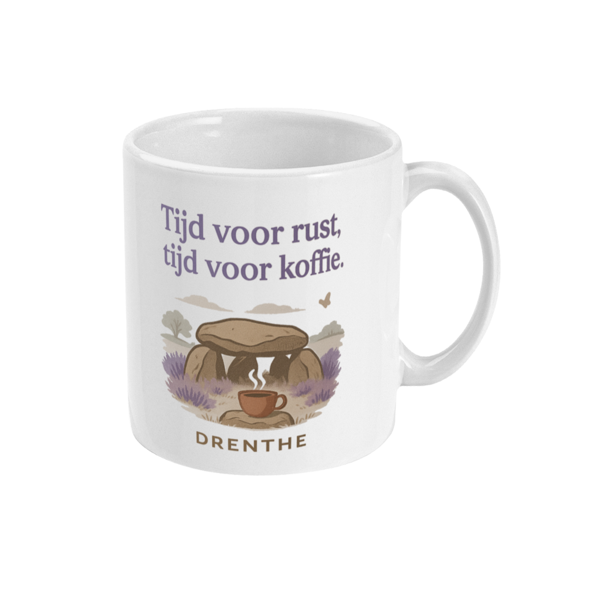 Rechterzijde van de keramieken Drenthe mok met natuurlijke illustratie en lavendel kleurige typografie.