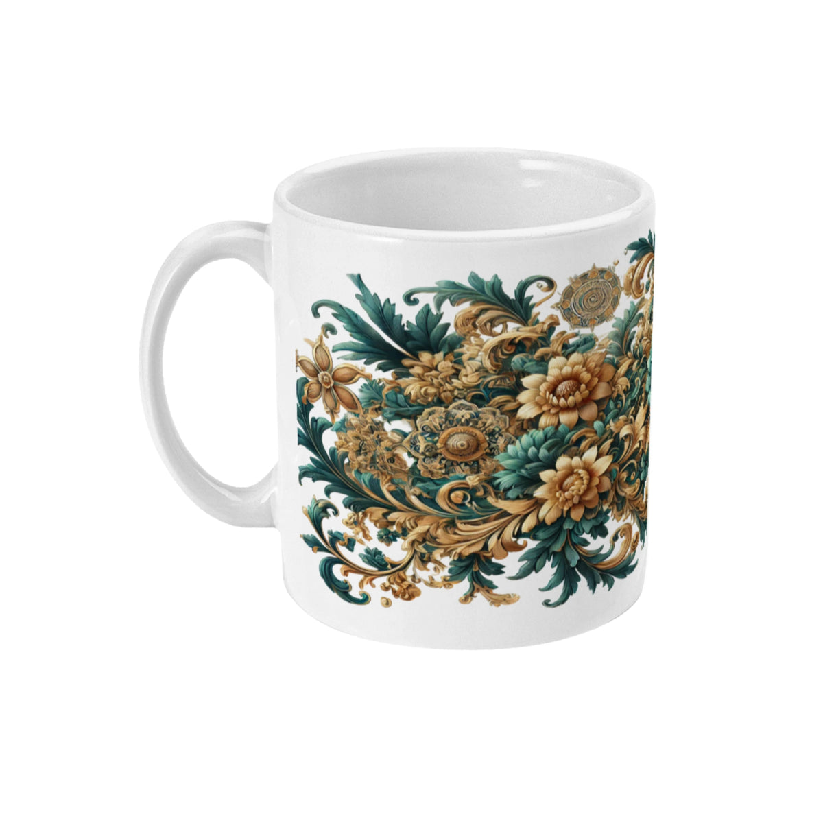 Koffiemok met mandala bloemen design met goud en turquoise kleuren. 2