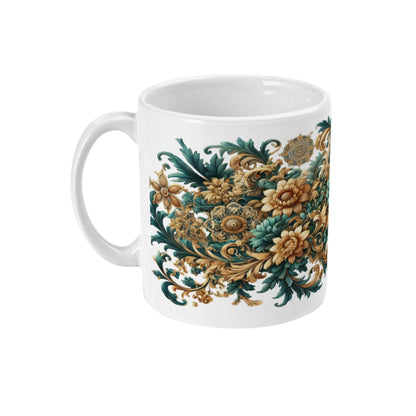 Koffiemok met mandala bloemen design met goud en turquoise kleuren. 2