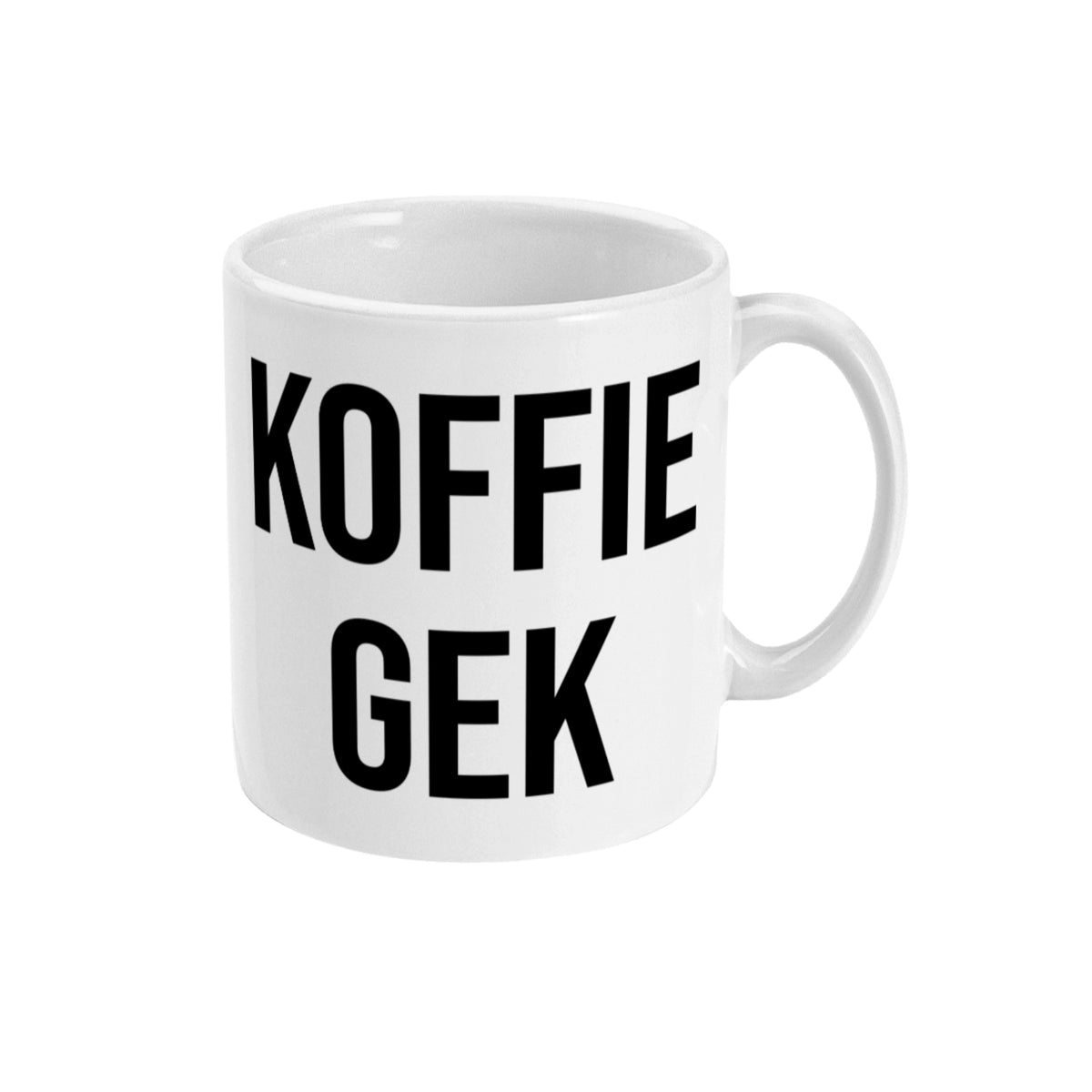 Witte keramische koffiemok met de tekst 'Koffie Gek', dubbelzijdig bedrukt.