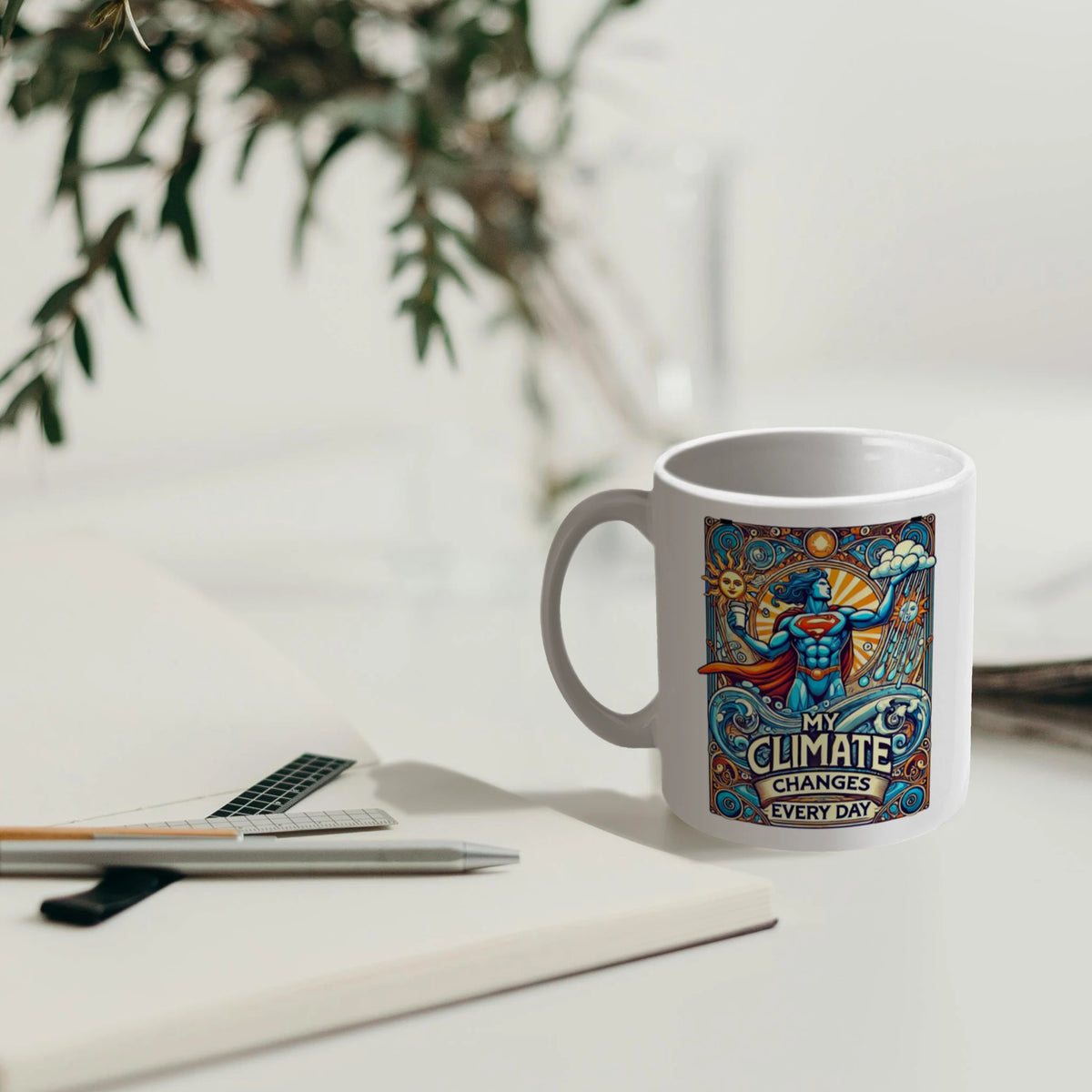Keramische koffiemok met opvallend design en klimaat bewuste boodschap.