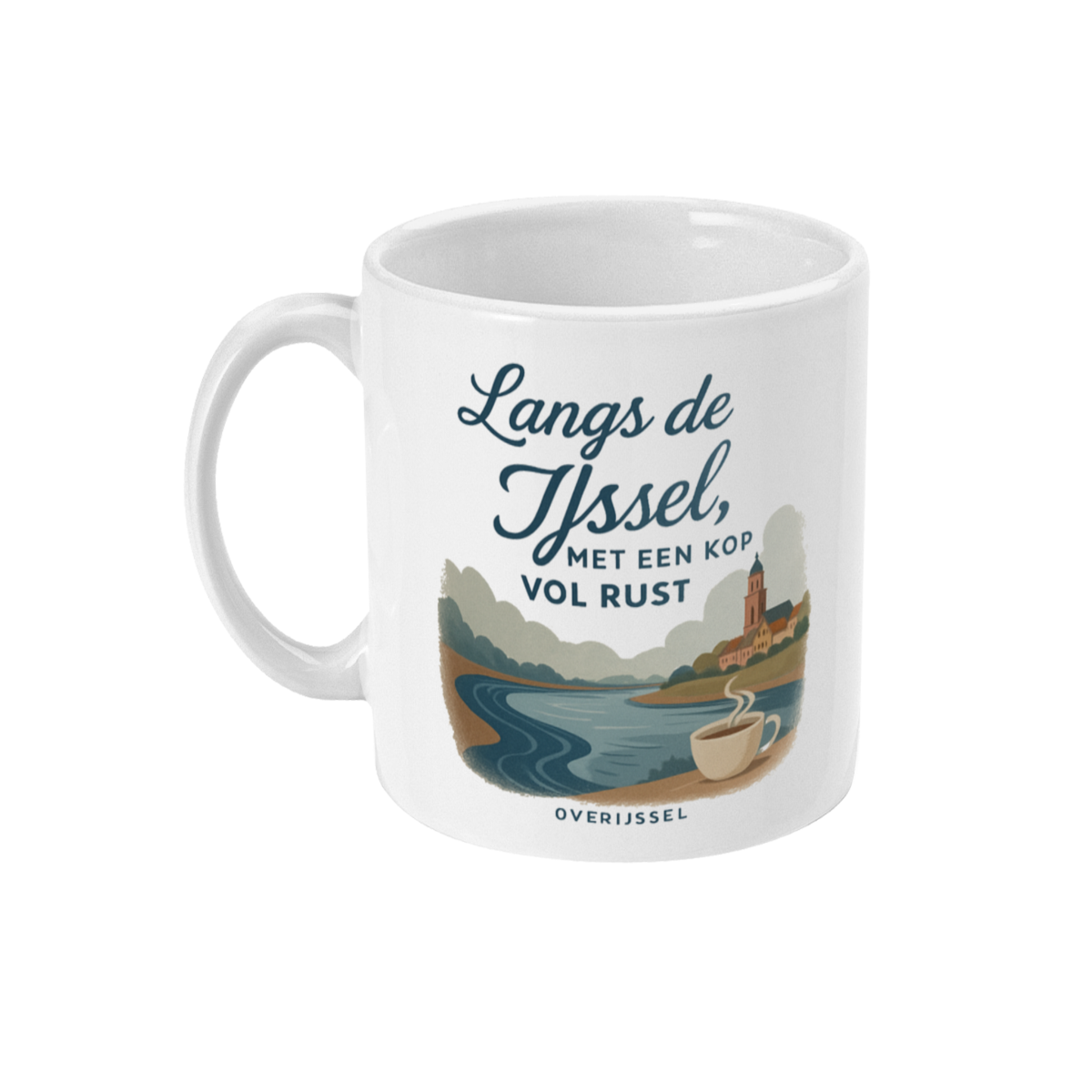 Linkerkant van de keramieken Overijssel mok met sfeervol stadsprofiel, IJssel en koffiekopje op de oever.
