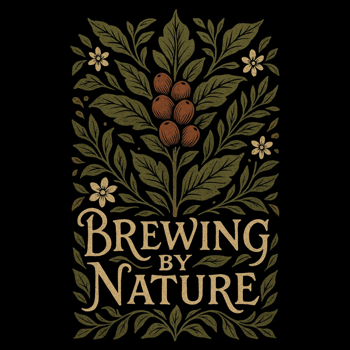 Gedetailleerde botanische illustratie van koffieplant met tekst ‘Brewing by Nature’ in vintage typografie – naturecore design voor duurzame hoodieprint.