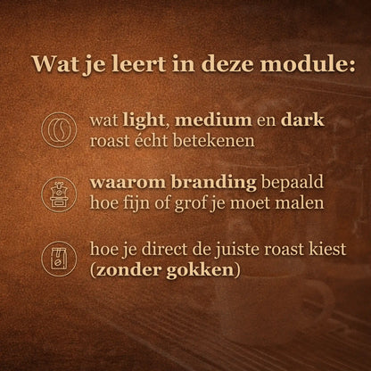 Overzicht van wat je leert over light medium en dark roast koffie en hoe branding de smaak en extractie van espresso beïnvloedt