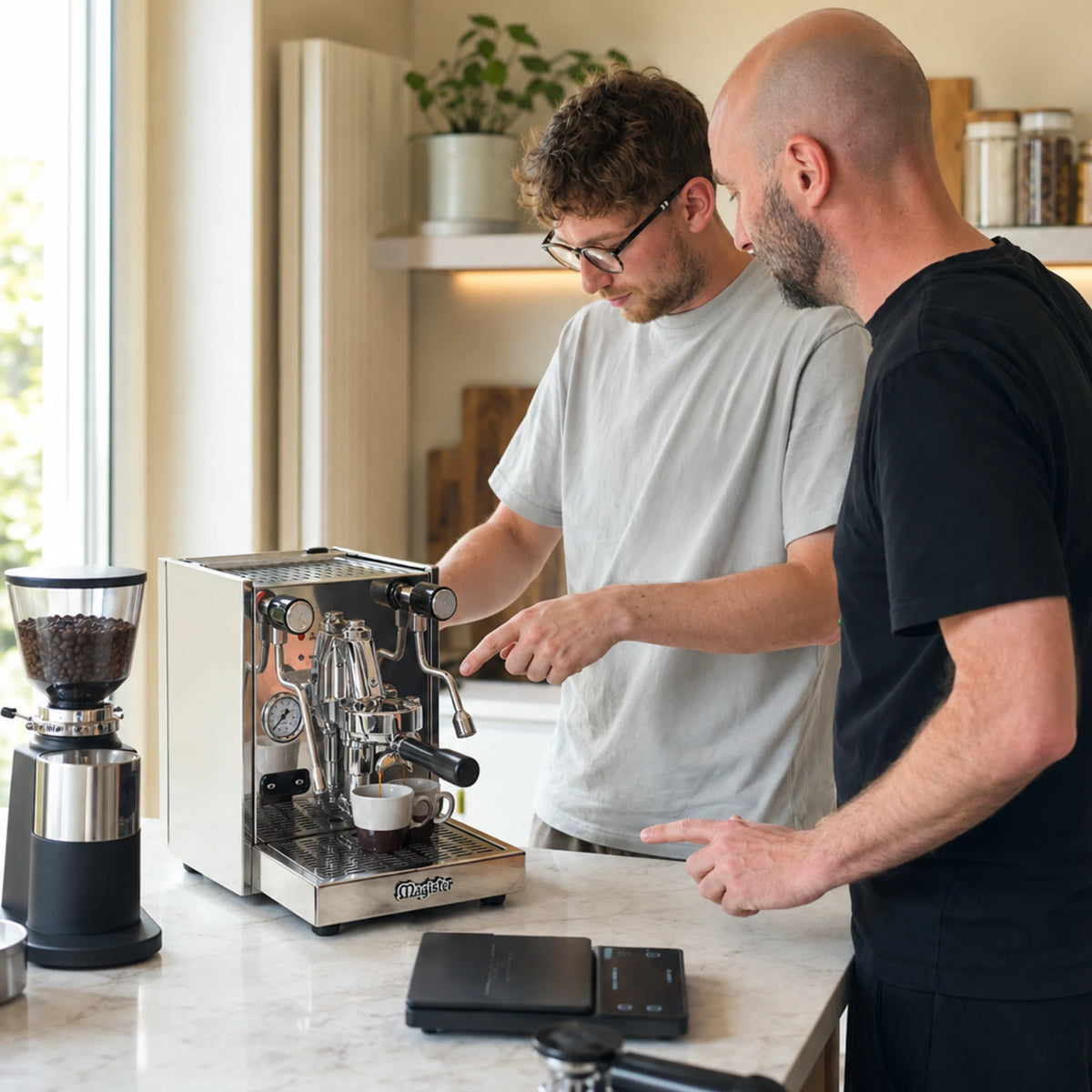 Een Magister-espressomachine en losse koffiemolen in de keuken van de deelnemer, met Geert-Jan die een meting op een precisieweegschaal aanwijst.