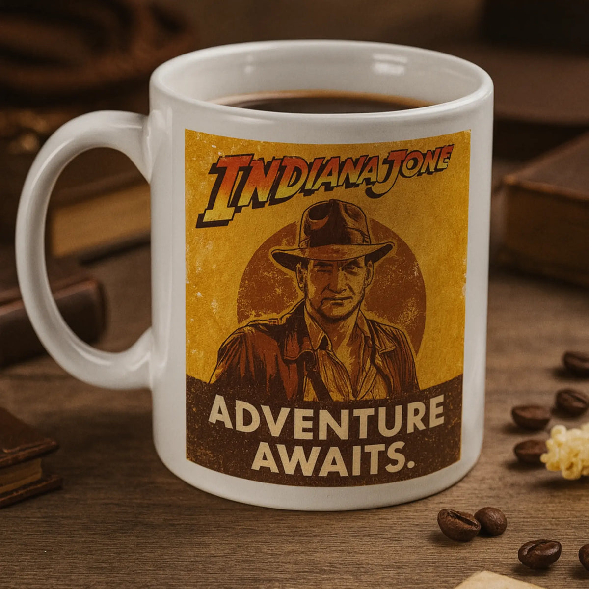 afbeelding van een mok met Indiana Jones bedrukking. Laat je mok bedrukken en ontwerpen met je favoriete film of televisie serie.