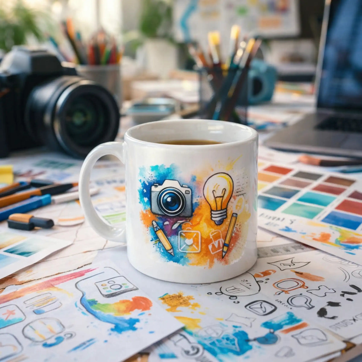Witte koffiemok met creatieve illustraties op een druk bureau in een grafische studio, vol tekeningen en kleurstalen.