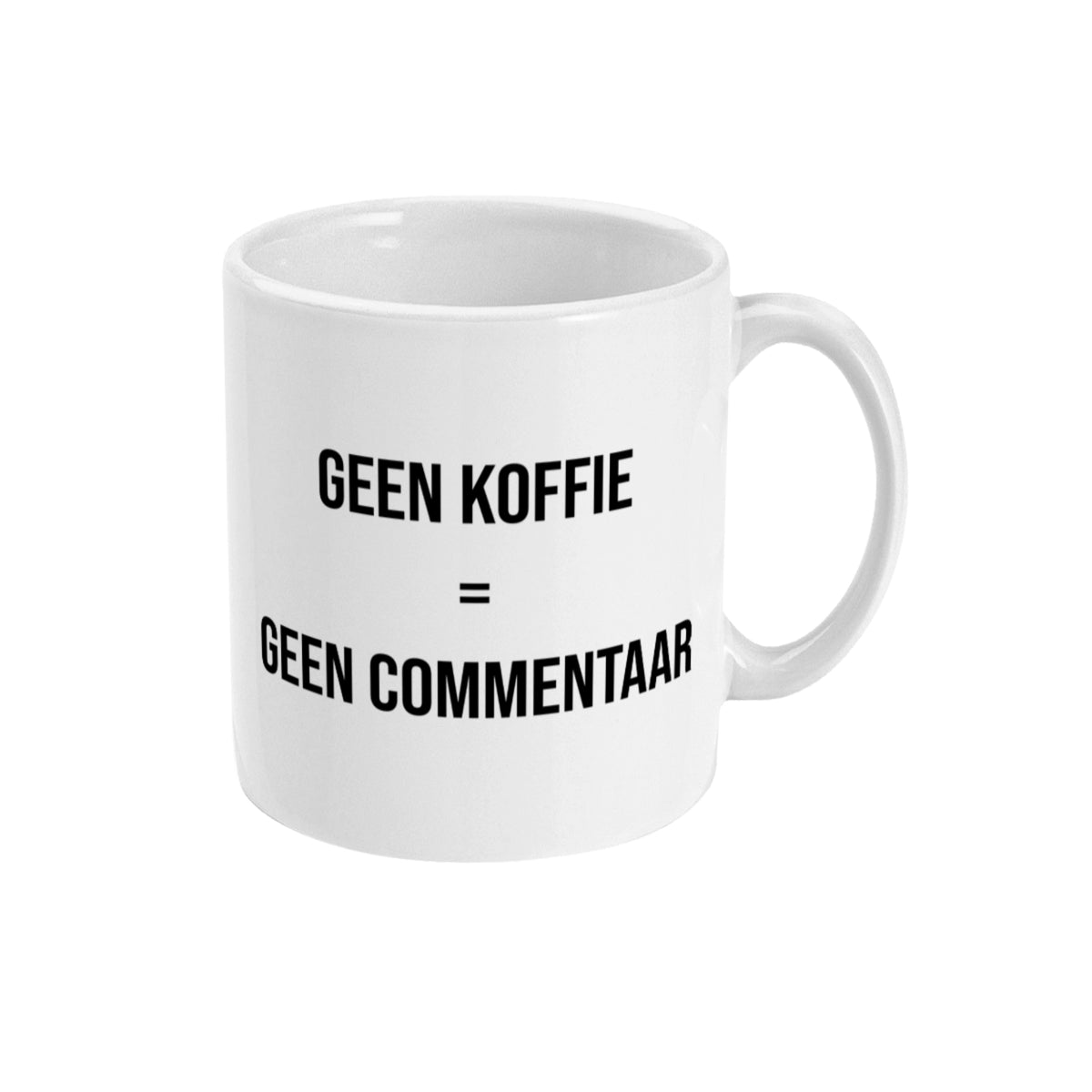 Witte mok met quote voor koffieverslaafden, ideaal als humoristisch cadeau.