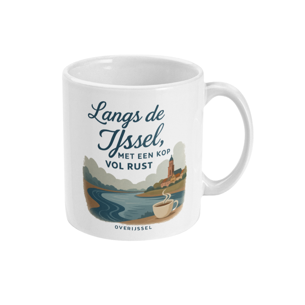 Rechterzijde van de Overijssel mok met blauwe rivier, zachte heuvels en handgeschreven quote over rust en koffie.