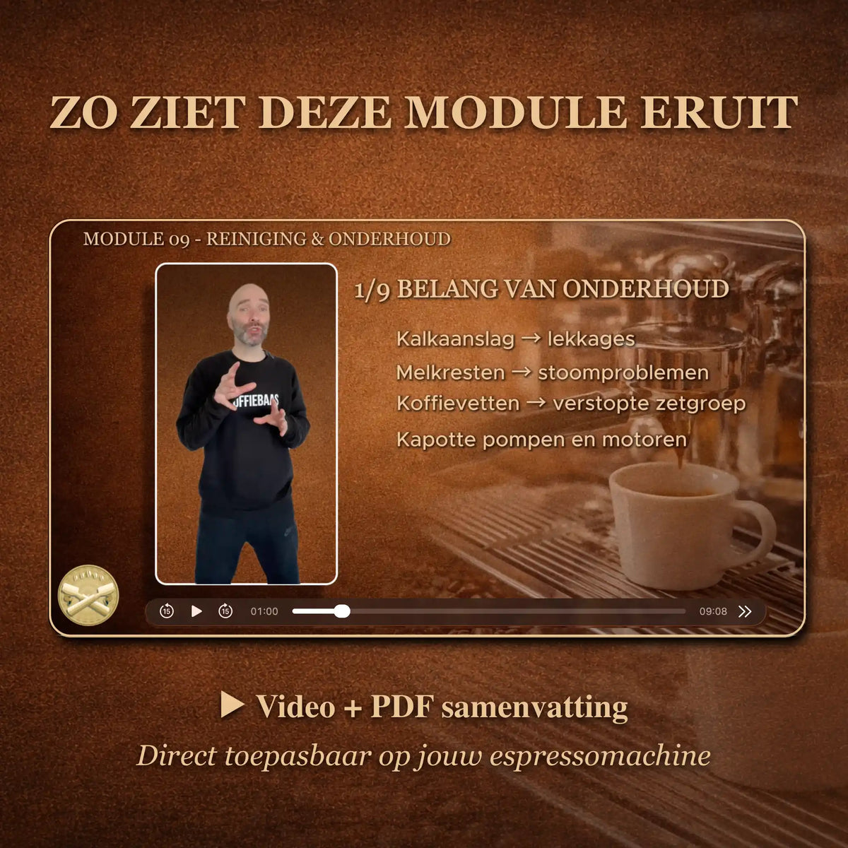 Preview van online barista module over reinigen en onderhouden van espressomachine met video en pdf samenvatting