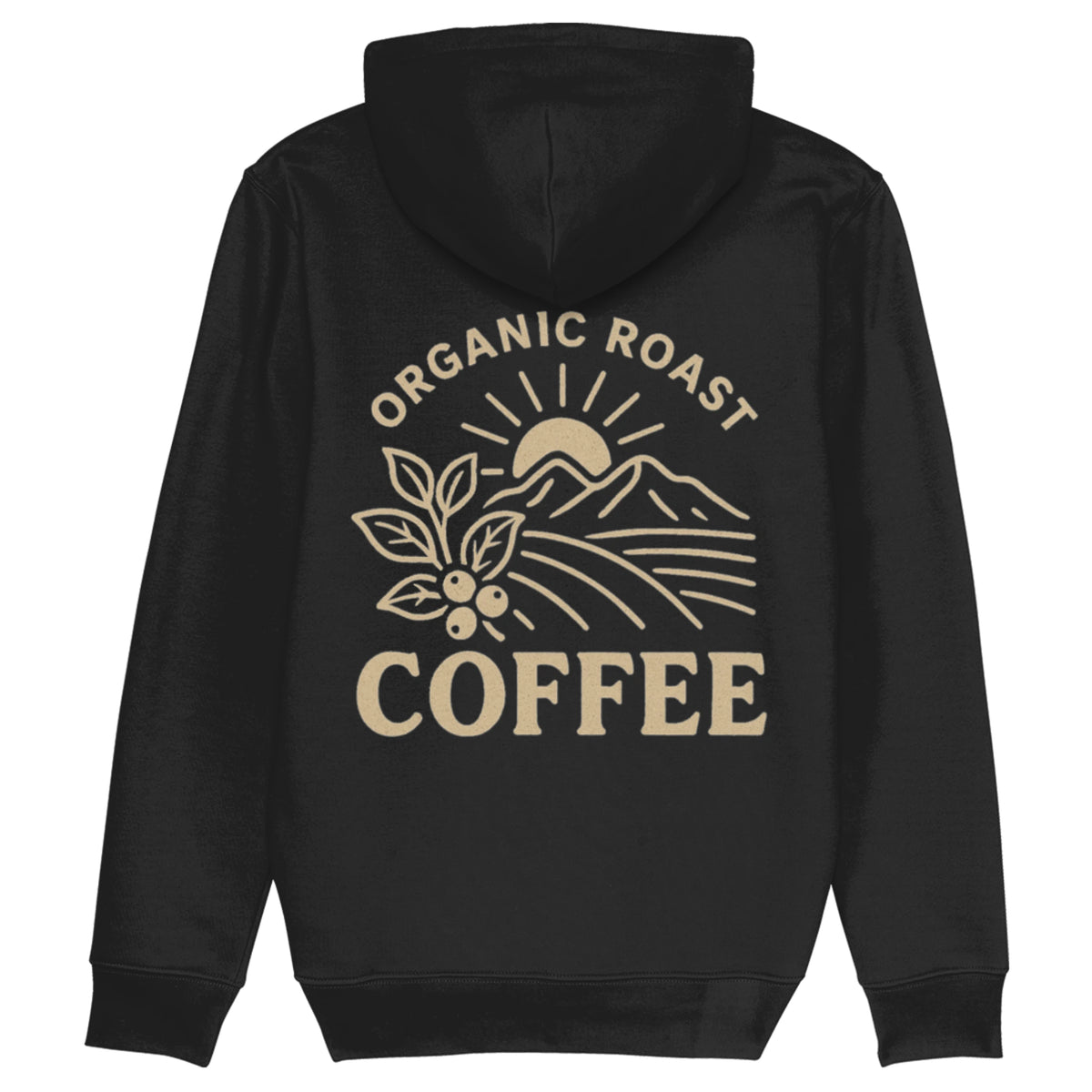 Zwarte hoodie met minimalistisch koffieplant design en tekst ‘Organic Roast Coffee’ – duurzame hoodie van biologisch katoen voor koffieliefhebbers.