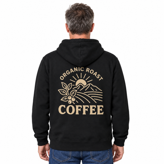 Gedragen rugaanzicht van de zwarte Cruiser 2.0 hoodie met beige Organic Roast Coffee-print op witte achtergrond.
