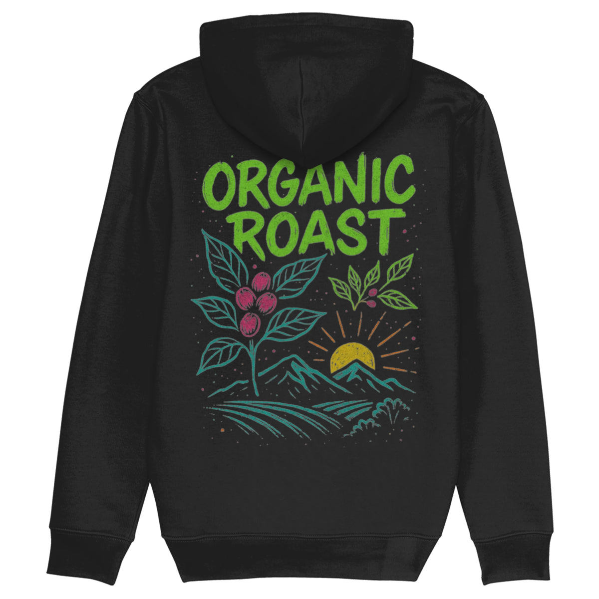 Zwarte hoodie met kleurrijke koffieplant en zonsondergang, Organic Roast design – duurzame hoodie van biologisch katoen voor koffieliefhebbers.