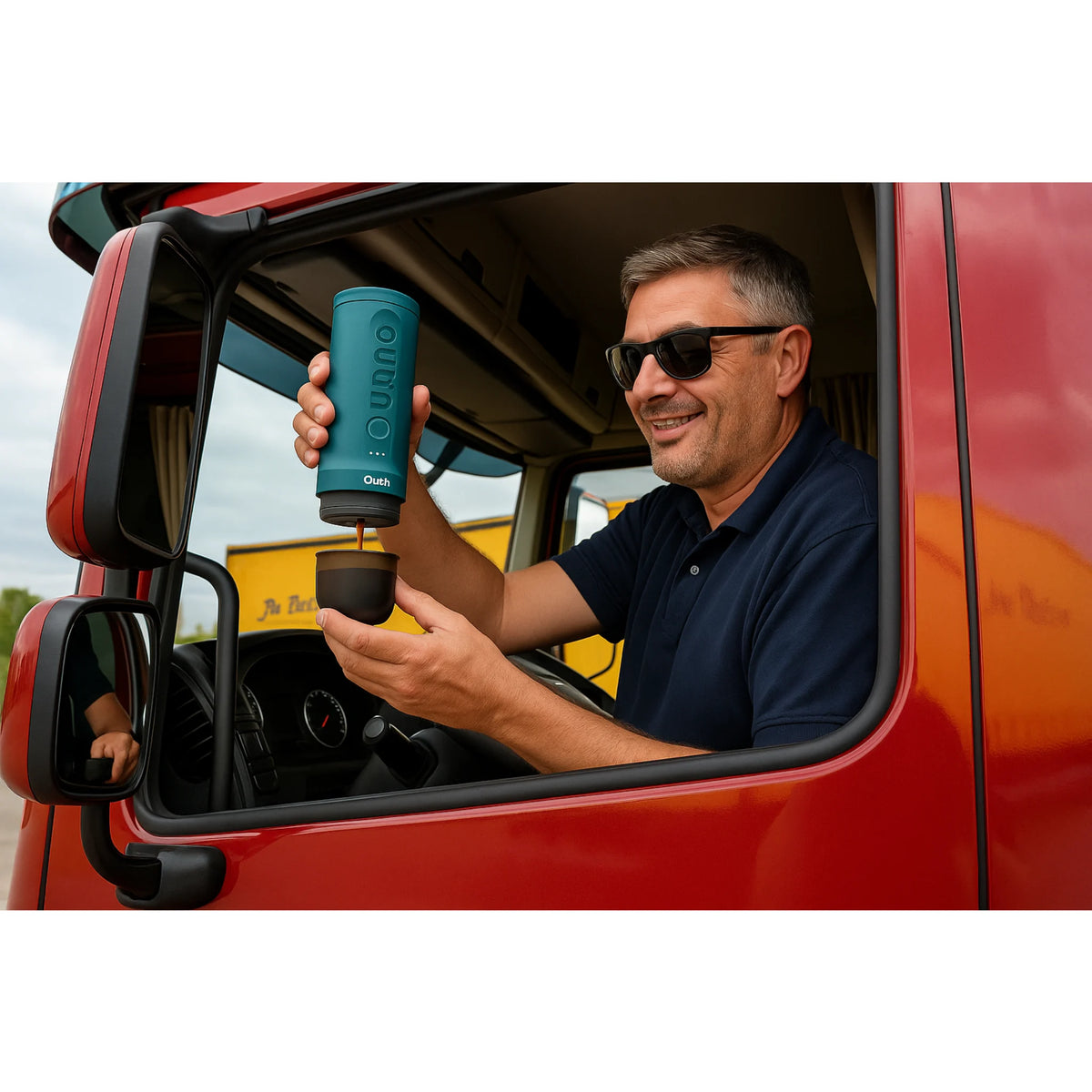 Vrachtwagenchauffeur maakt verse espresso met OutIn Nano in zijn cabine tijdens een koffiepauze op de weg.